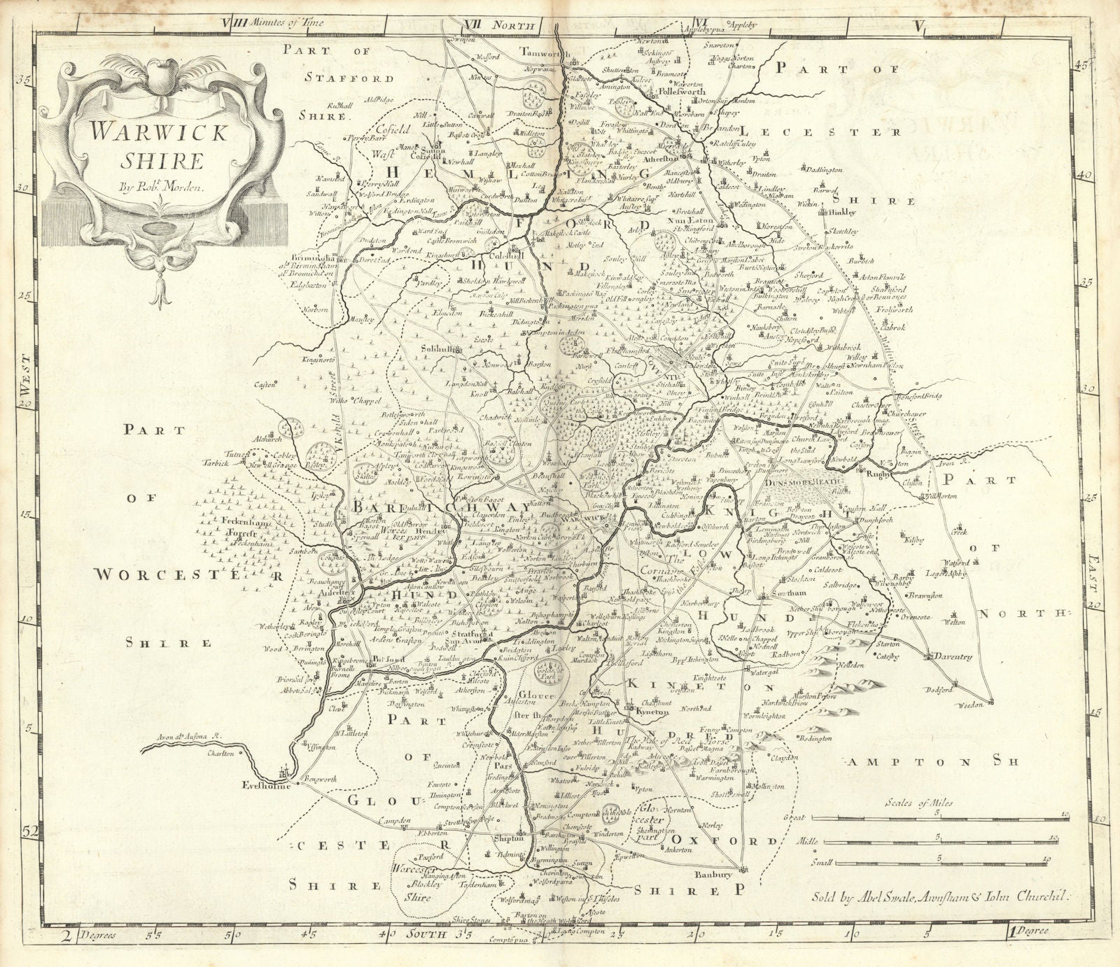 Warwickshire. 'WARWICK SHIRE' by ROBERT MORDEN from Camden's Britannia 1722 map
